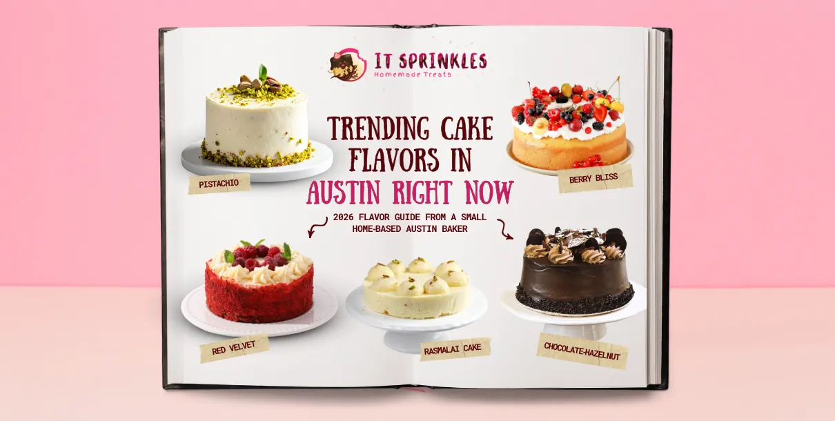 Assorted sliced cakes on a platter showing different trendy flavours in an Austin home bakery.