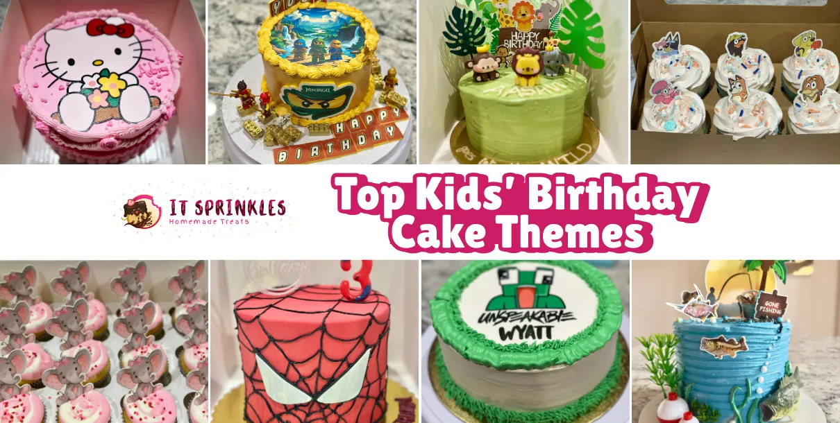 Colourful spread of themed kids’ birthday cakes on a party table in Austin.
