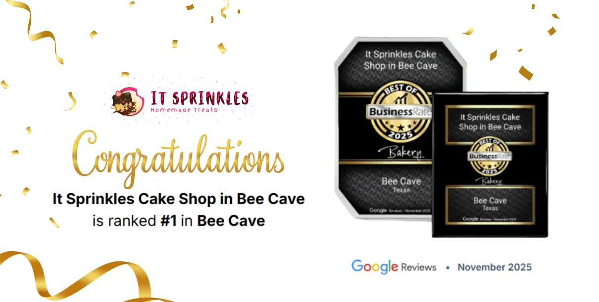 Home‑based Austin cake studio It Sprinkles, showcasing a custom celebration cake and highlighting its BusinessRate award recognition.