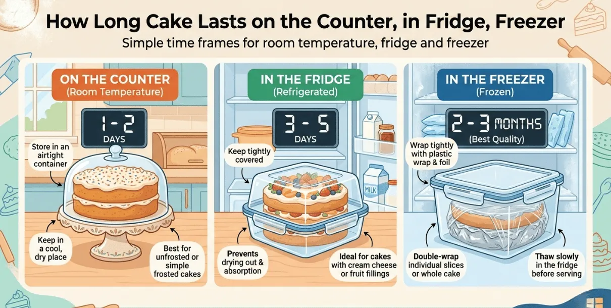 Three Labelled Cake Containers On A Counter Representing Room, Fridge And Freezer Storage.