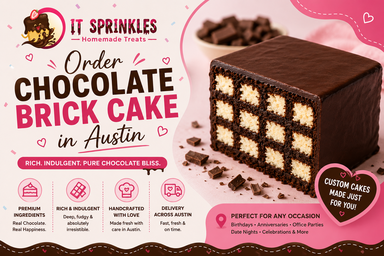 Order chocolate brick cake in Austin - rich custom chocolate cake by It Sprinkles