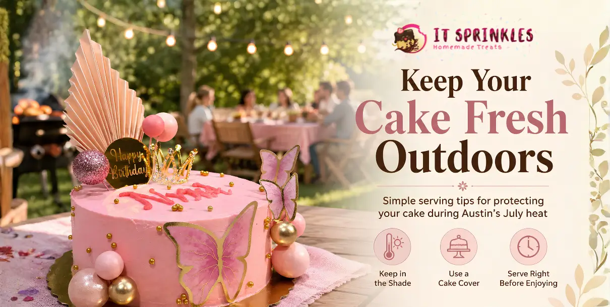 Custom Celebration Cake Staying Fresh During A Backyard Bbq In Austin's Summer Weather