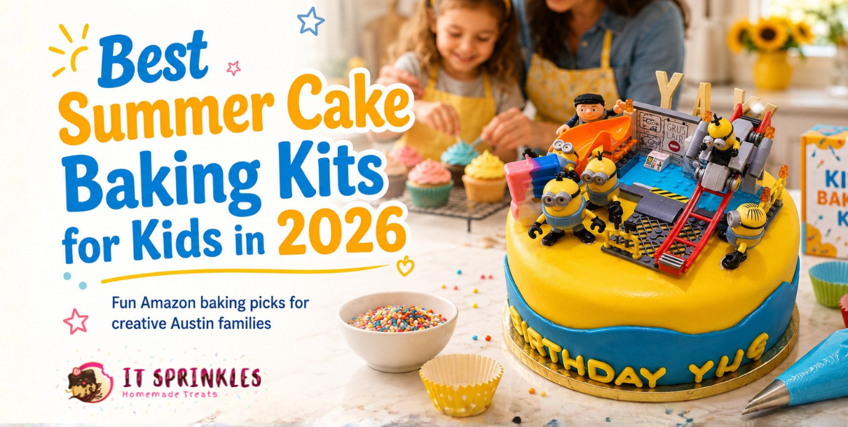 Parent and child decorating colorful cupcakes together with a kids baking kit in a bright Austin home kitchen