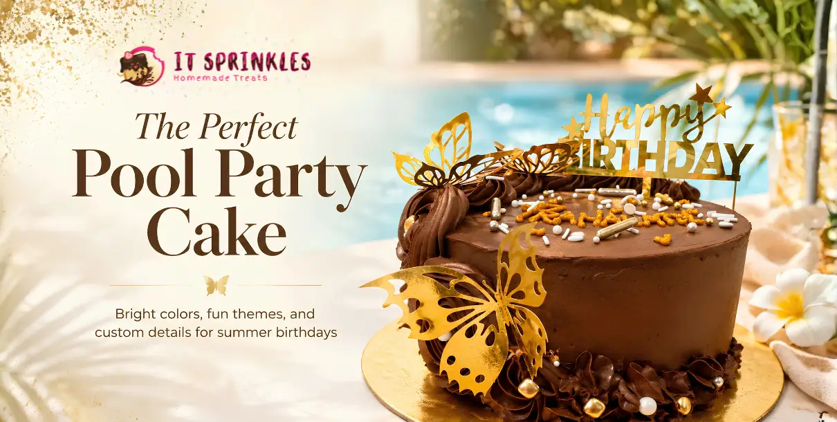 Pool Party Birthday Cake With Vibrant Summer Colors And Playful Decorations
