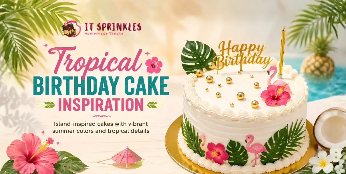 Tropical Birthday Cake With Palm Leaves, Flamingos, And Bright Summer Colors